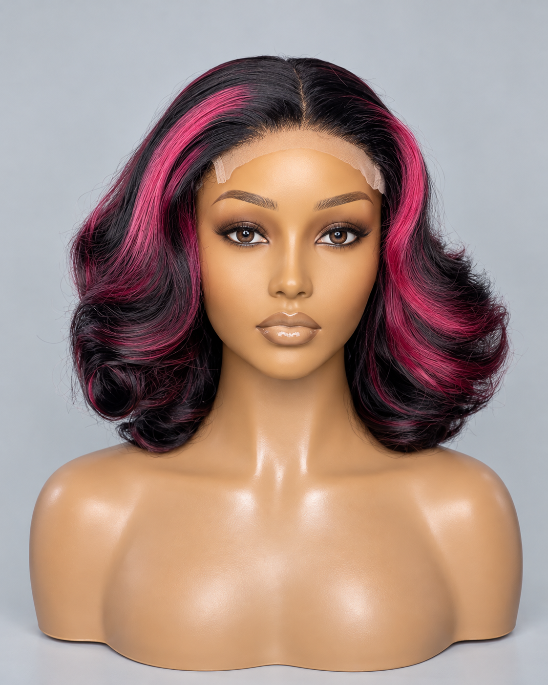 Wig Lima — 14″ with 5×5 closure. Black waves with berry-pink highlights.